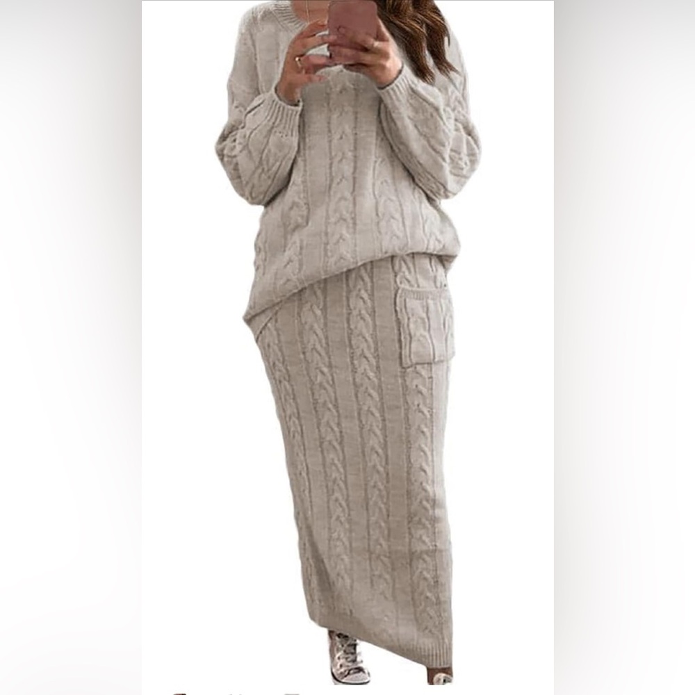 Two Piece Sweater with Skirt Chunky Knit Set, Medium, Apricot